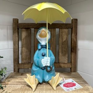 🆕 Duck Wearing Blue Raincoat & Holding Yellow Umbrella – 10” Resin Decor!